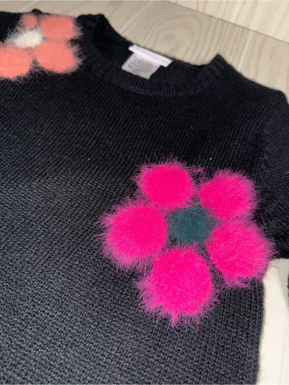 Black Knit Sweater Dress - Pink, Teal & Cream Flower Fuzzy Accents.  Girls 12